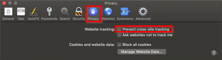 An image of the Privacy tab of the Safari settings menu. The checkbox for Prevent cross-site tracking is circled in red.