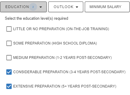 Image showing selections available on the Education filter