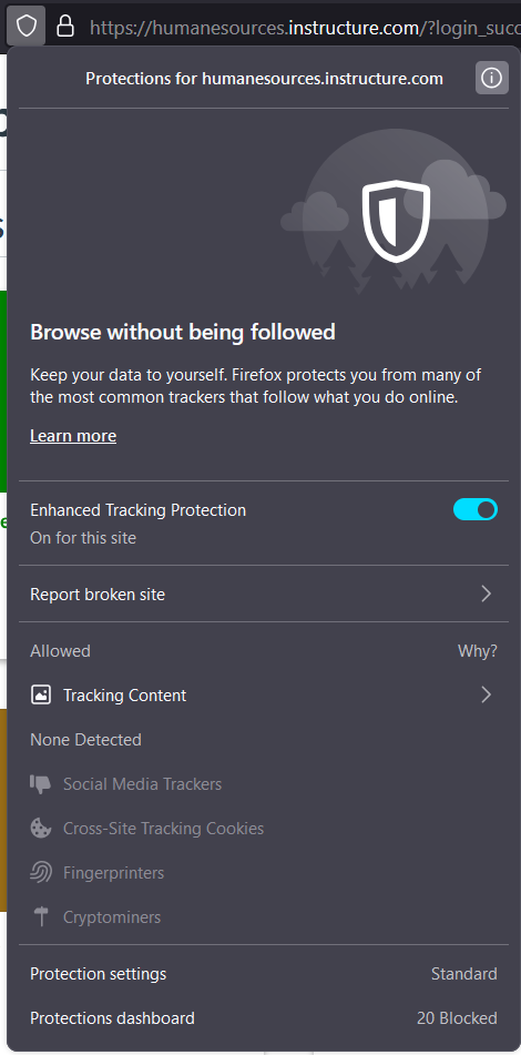 Firefox settings to deselect Enhanced Tracking Protection in order to enable third party cookies