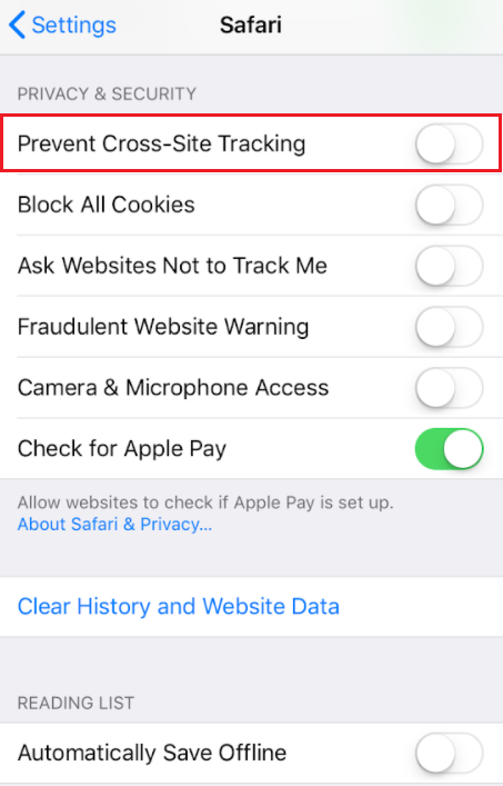 A screenshot of the Safari settings menu for iOS 11 and later. The toggle for Prevent Cross-Site Tracking is circled in red.