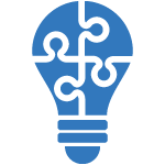 Icon of a blue light bulb made from interlocking puzzle pieces, symbolizing ideas, creativity, and problem-solving.