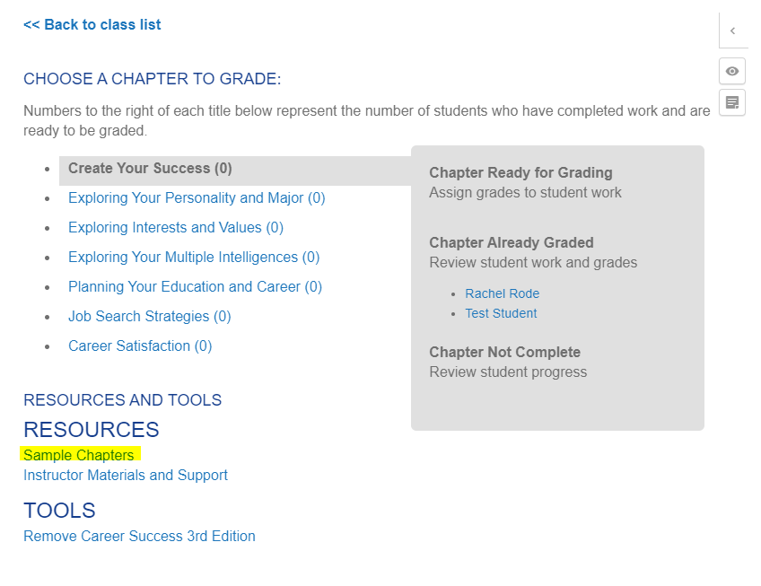 Screenshot of the Canvas grading screen with the sample chapters link highlighte