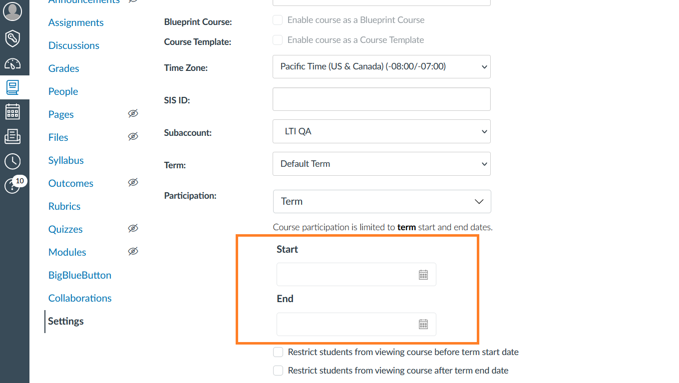 An image of the Canvas course settings page with the course start and end date boxes highlighted.