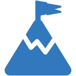 A simple blue icon depicting a mountain with a flag planted on the peak. The mountain has a zigzag pattern across it. The flag signifies reaching a goal or achievement.