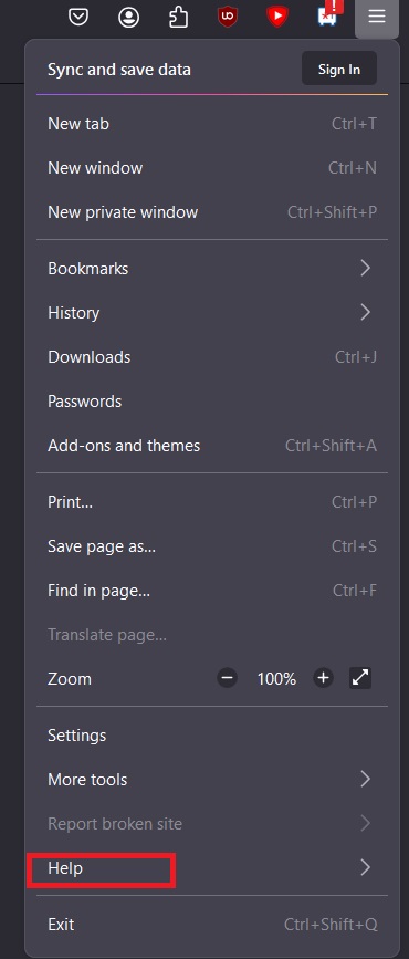 Firefox menu showing selection of Help option