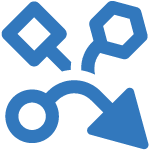 Illustration of a blue flowchart-like symbol with two connected diamond shapes on the left and a hexagonal shape on the right, ending in a downward arrow.