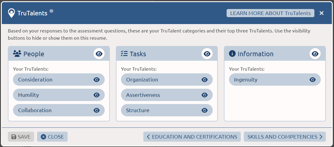 TruTalents section of the MyData Portfolio