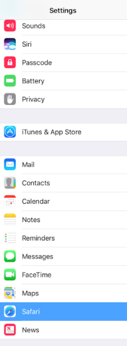 A screenshot of the Settings app for iOS. Safari is selected.